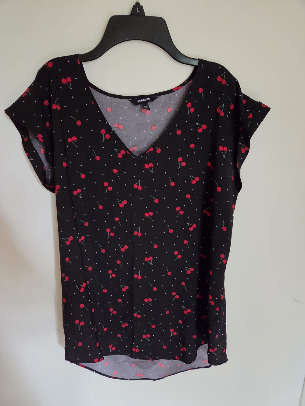 Express Black V-Neck Blouse with Red Cherry Print